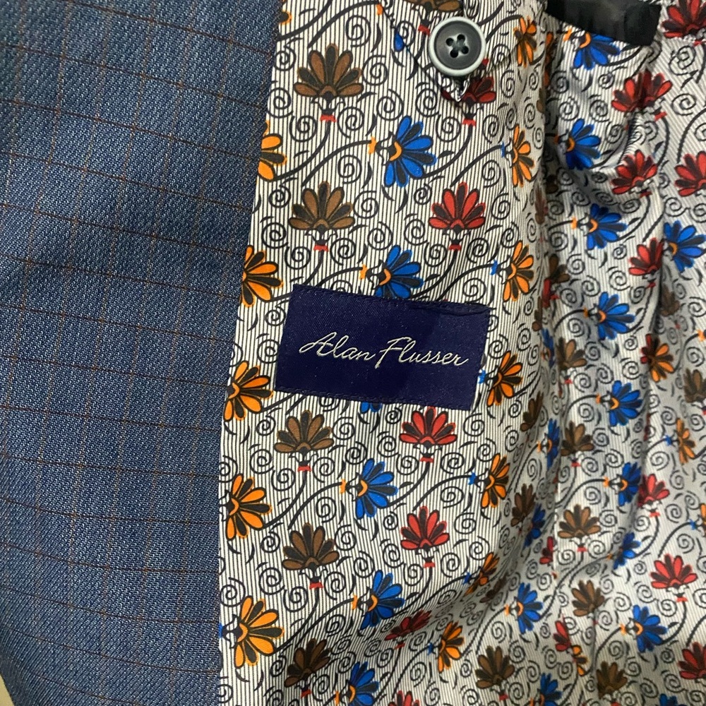 Alan Flusser Textured Blue Blazer with Floral Lining W/matching Pocket Square - Picture 3 of 5